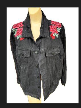 Ladies CI SONO Denim Jacket Large Black Embroidered Roses
